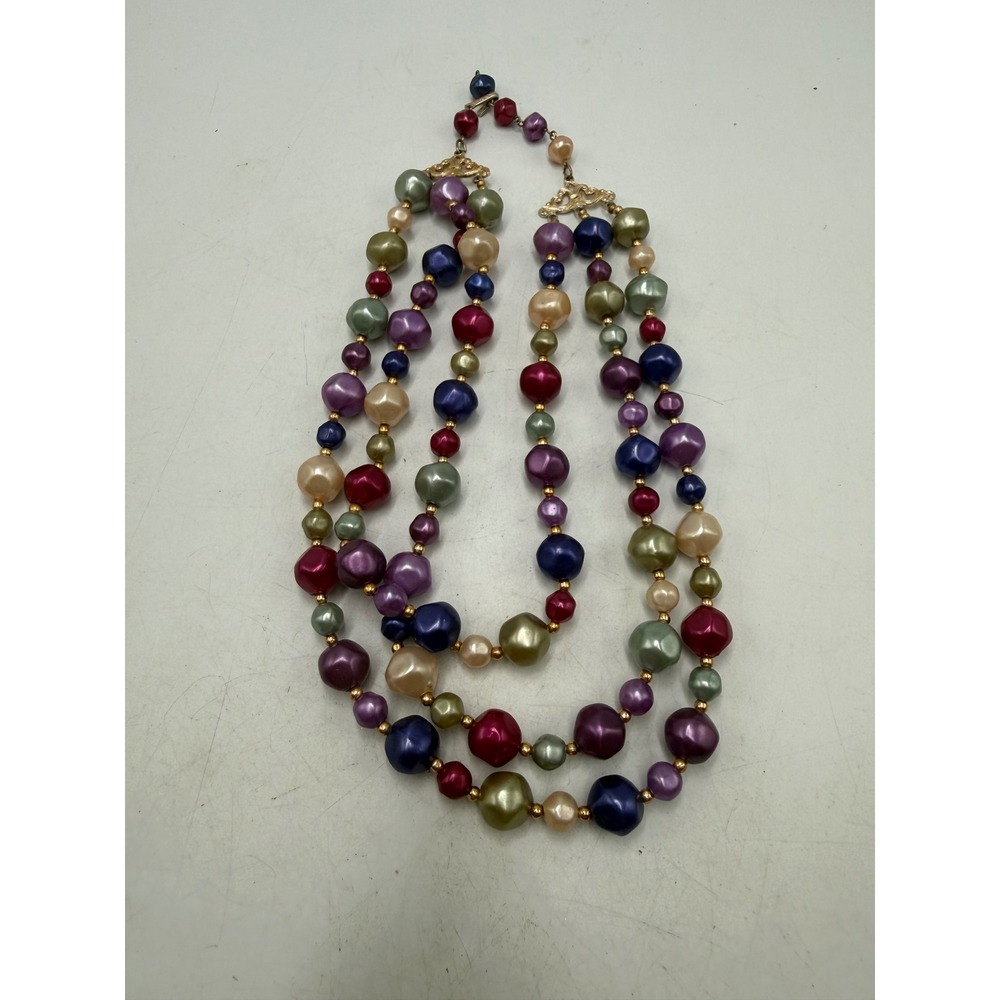 Vintage Hong Kong Multi Strand Jewel Tone Faux Pearl Necklace Triple Layer